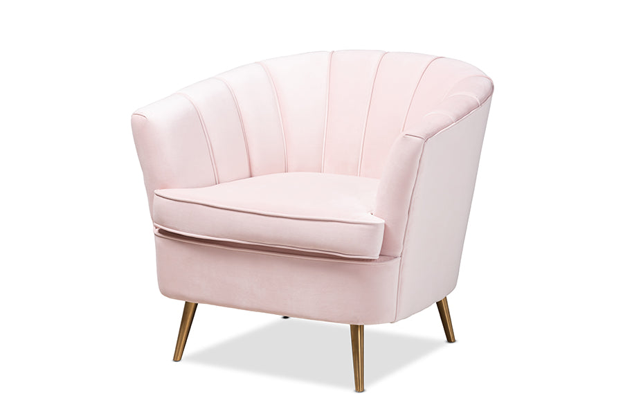 baxton studio emeline glam and luxe light pink velvet fabric upholstered brushed gold finished accent chair | Modish Furniture Store-2