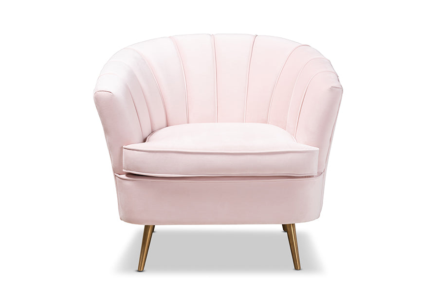 baxton studio emeline glam and luxe light pink velvet fabric upholstered brushed gold finished accent chair | Modish Furniture Store-3
