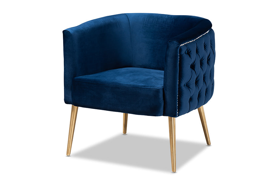 baxton studio marcelle glam and luxe navy blue velvet fabric upholstered brushed gold finished accent chair | Modish Furniture Store-2
