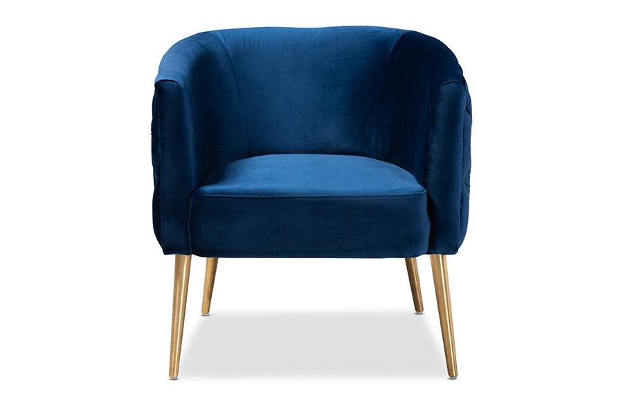 baxton studio marcelle glam and luxe navy blue velvet fabric upholstered brushed gold finished accent chair | Modish Furniture Store-3