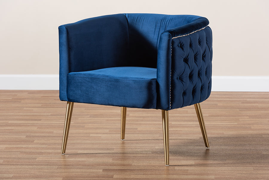 Baxton Studio Marcelle Glam and Luxe Navy Blue Velvet Fabric Upholstered Brushed Gold Finished Accent Chair | Modishstore | Accent Chairs