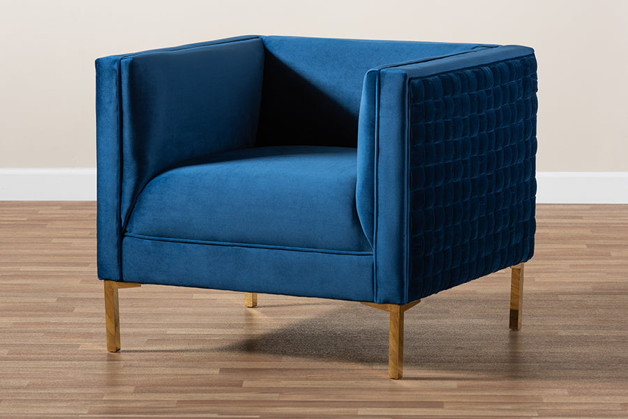 Baxton Studio Seraphin Glam and Luxe Navy Blue Velvet Fabric Upholstered Gold Finished Armchair | Modishstore | Armchairs