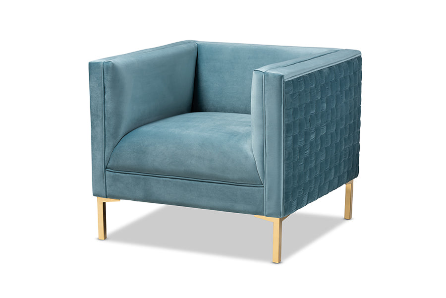 baxton studio seraphin glam and luxe light blue velvet fabric upholstered gold finished armchair | Modish Furniture Store-2