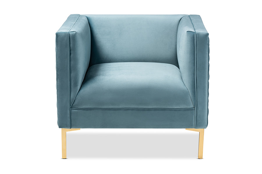 baxton studio seraphin glam and luxe light blue velvet fabric upholstered gold finished armchair | Modish Furniture Store-3