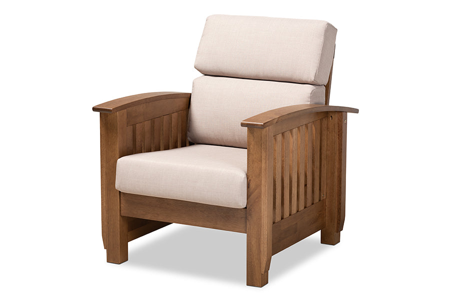 baxton studio charlotte modern classic mission style taupe fabric upholstered walnut brown finished wood 1 seater lounge chair | Modish Furniture Store-2