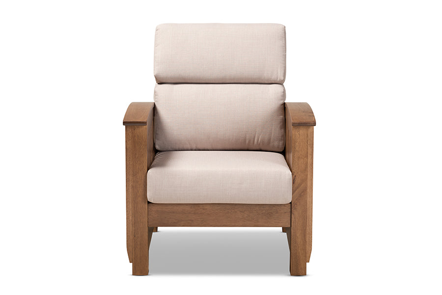 baxton studio charlotte modern classic mission style taupe fabric upholstered walnut brown finished wood 1 seater lounge chair | Modish Furniture Store-3
