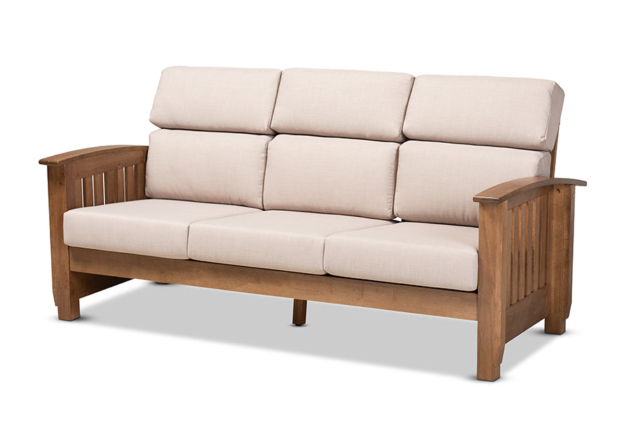 baxton studio charlotte modern classic mission style taupe fabric upholstered walnut brown finished wood 3 seater sofa | Modish Furniture Store-2