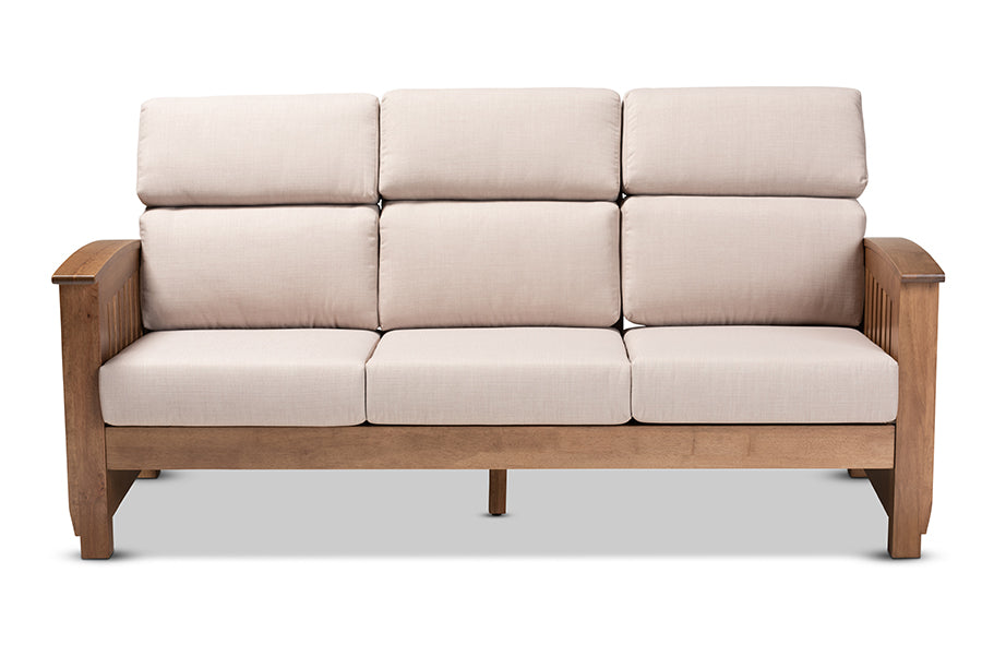 baxton studio charlotte modern classic mission style taupe fabric upholstered walnut brown finished wood 3 seater sofa | Modish Furniture Store-3