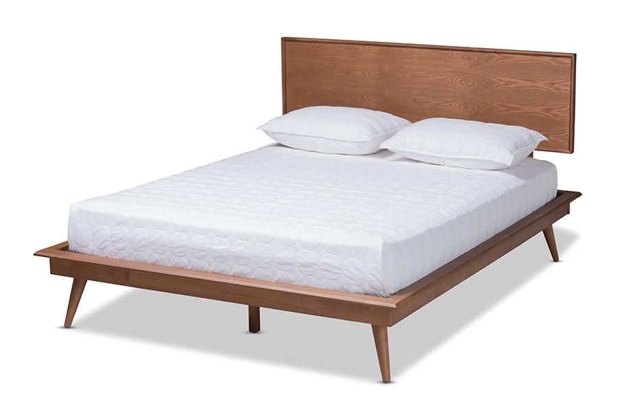 baxton studio karine mid century modern walnut brown finished wood full size platform bed | Modish Furniture Store-2