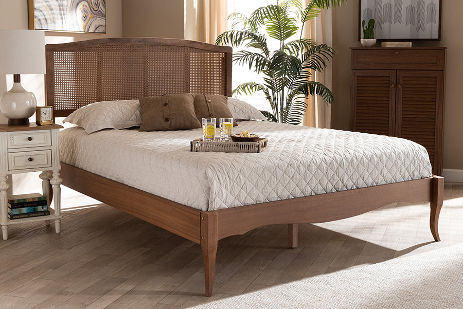 Baxton Studio Marieke Vintage French Inspired Ash Wanut Finished Wood and Synthetic Rattan Full Size Platform Bed | Beds | Modishstore - 3