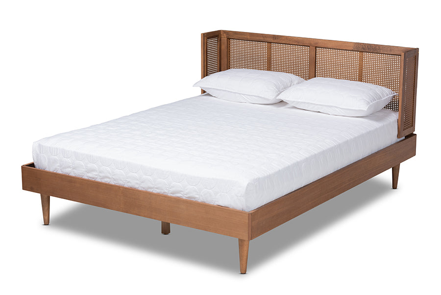 baxton studio rina mid century modern ash wanut finished wood and synthetic rattan queen size platform bed with wrap around headboard | Modish Furniture Store-2