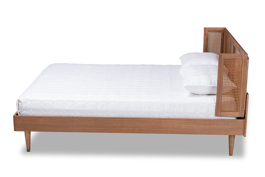 baxton studio rina mid century modern ash wanut finished wood and synthetic rattan queen size platform bed with wrap around headboard | Modish Furniture Store-3