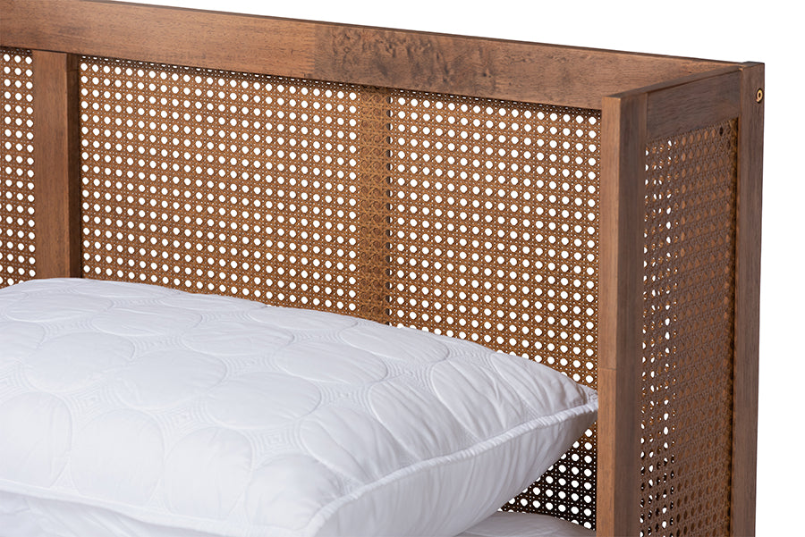 Baxton Studio Rina Mid-Century Modern Ash Wanut Finished Wood and Synthetic Rattan King Size Platform Bed with Wrap-Around Headboard | Beds | Modishstore - 6