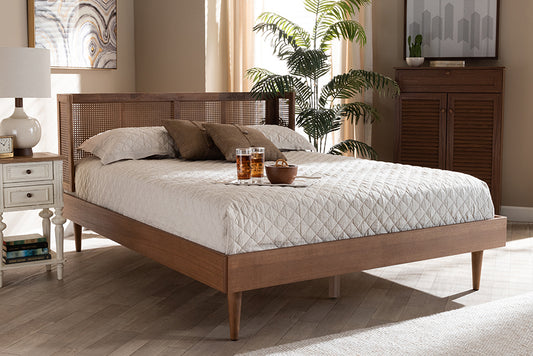 Baxton Studio Rina Mid-Century Modern Ash Wanut Finished Wood and Synthetic Rattan Queen Size Platform Bed with Wrap-Around Headboard | Modishstore | Beds