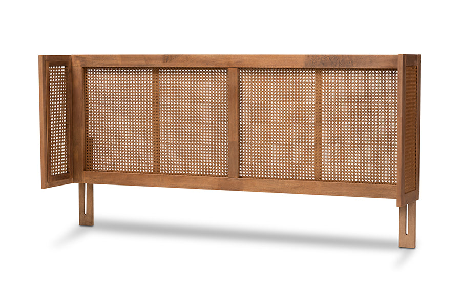 baxton studio rina mid century modern ash wanut finished wood and synthetic rattan king size wrap around headboard | Modish Furniture Store-2