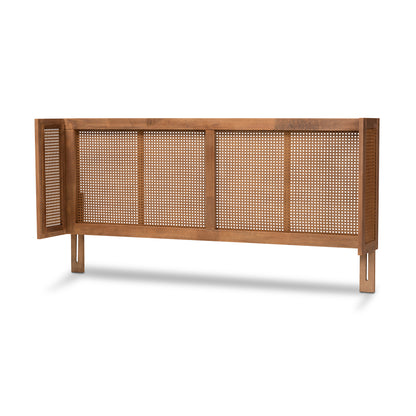 Baxton Studio Rina Mid-Century Modern Ash Wanut Finished Wood and Synthetic Rattan Full Size Wrap-Around Headboard | Headboards | Modishstore