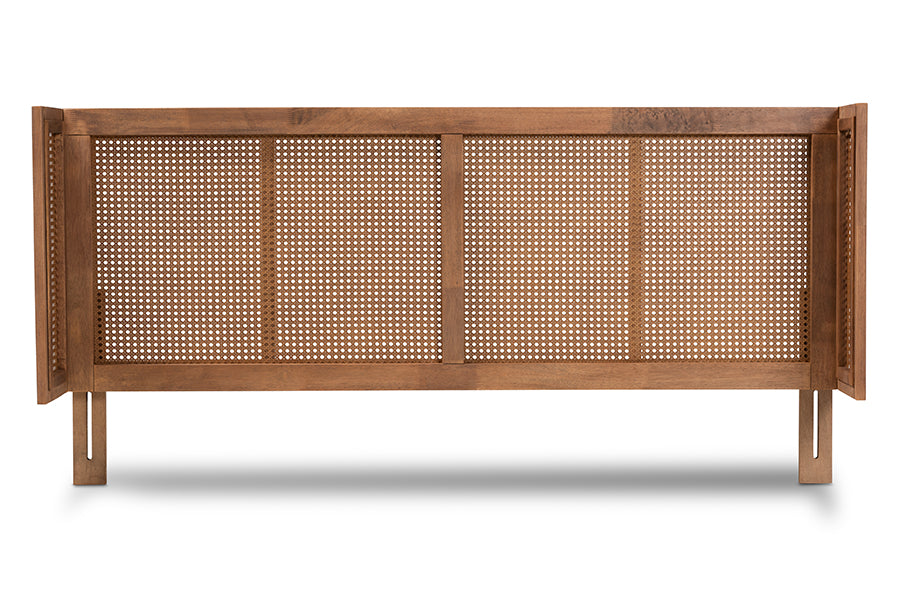 baxton studio rina mid century modern ash wanut finished wood and synthetic rattan queen size wrap around headboard | Modish Furniture Store-3