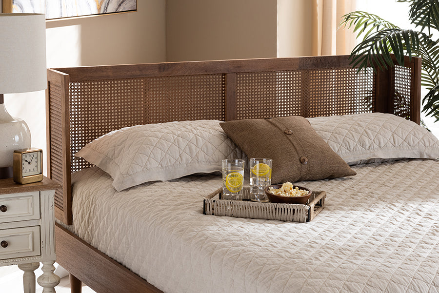 Baxton Studio Rina Mid-Century Modern Ash Wanut Finished Wood and Synthetic Rattan King Size Platform Bed with Wrap-Around Headboard | Beds | Modishstore - 3
