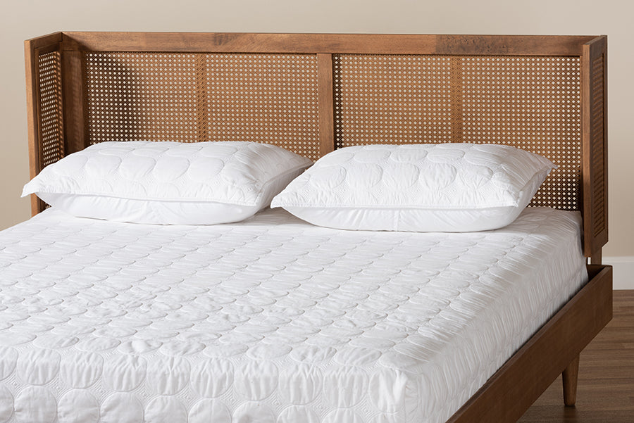 Baxton Studio Rina Mid-Century Modern Ash Wanut Finished Wood and Synthetic Rattan King Size Platform Bed with Wrap-Around Headboard | Beds | Modishstore - 2