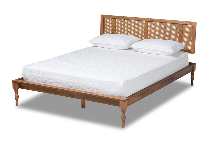 baxton studio romy vintage french inspired ash wanut finished wood and synthetic rattan queen size platform bed | Modish Furniture Store-2