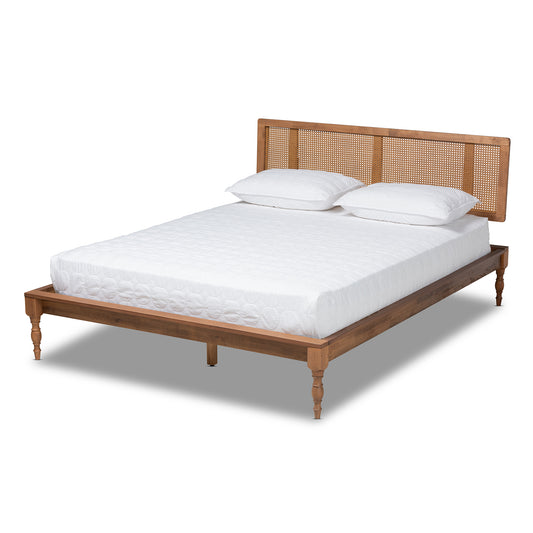 Baxton Studio Romy Vintage French Inspired Ash Wanut Finished Wood and Synthetic Rattan Full Size Platform Bed | Beds | Modishstore