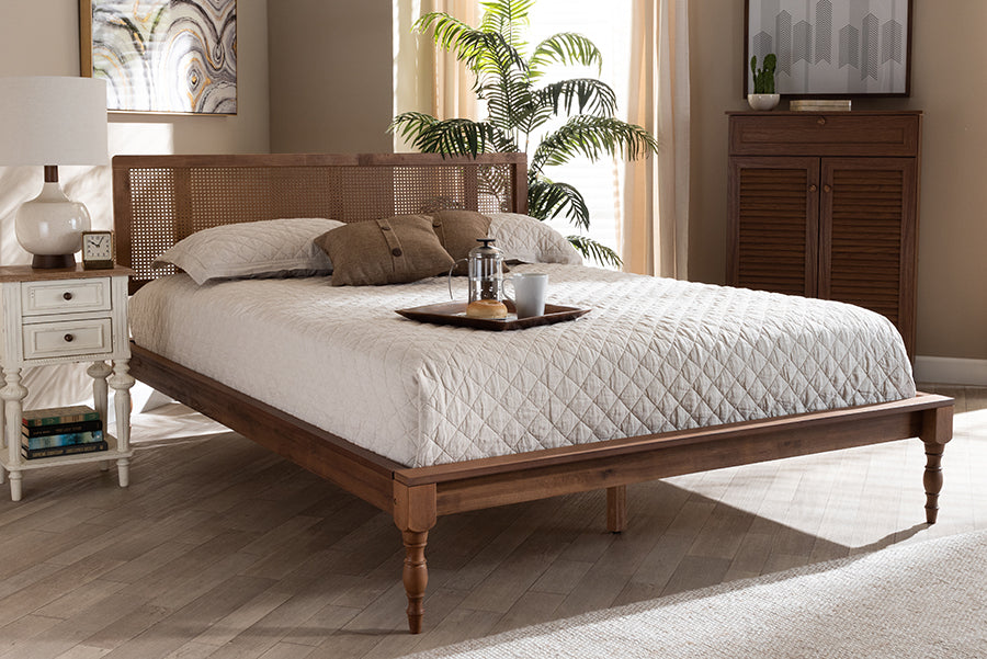 Baxton Studio Romy Vintage French Inspired Ash Wanut Finished Wood and Synthetic Rattan Queen Size Platform Bed | Modishstore | Beds