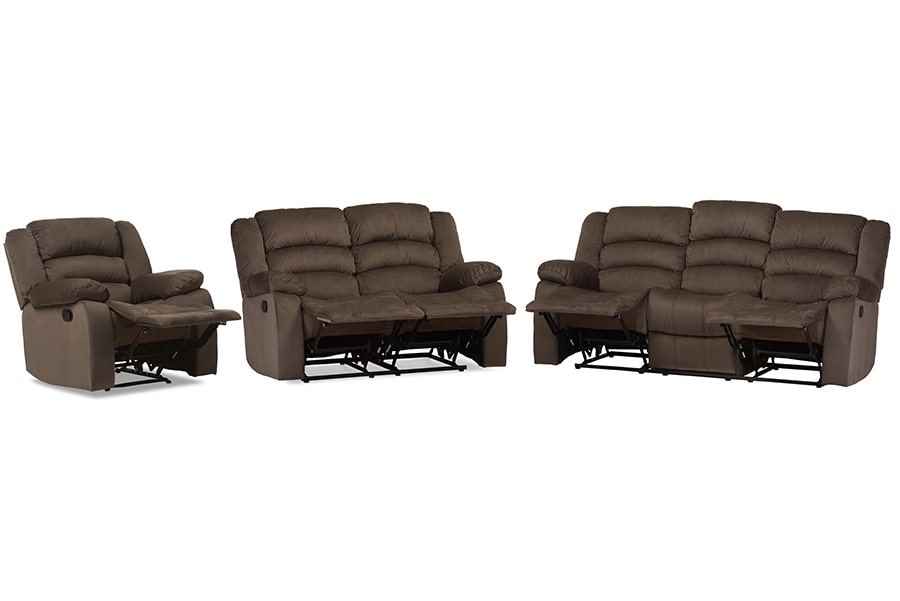 baxton studio hollace modern and contemporary taupe microsuede sofa loveseat and chair set with 5 recliners living room set | Modish Furniture Store-3