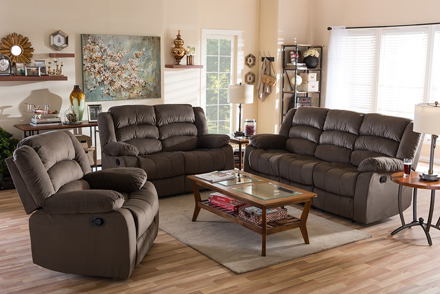 baxton studio hollace modern and contemporary taupe microsuede sofa loveseat and chair set with 5 recliners living room set | Modish Furniture Store-5