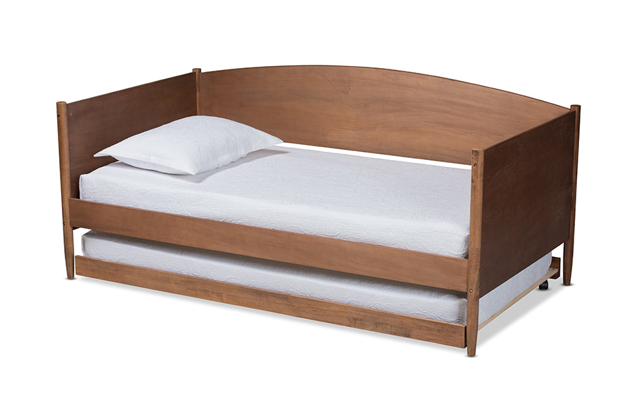baxton studio veles mid century modern ash walnut finished wood full size daybed with trundle | Modish Furniture Store-3