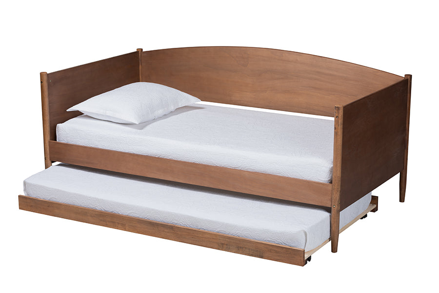 baxton studio veles mid century modern ash walnut finished wood full size daybed with trundle | Modish Furniture Store-4