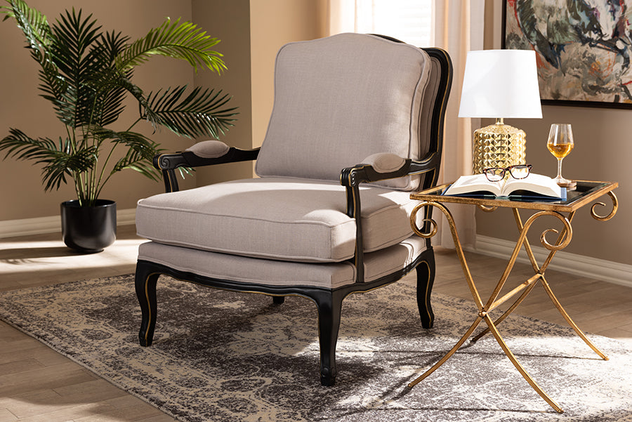 Baxton Studio Antoinette Traditional Beige Fabric Upholstered and Black Finished Accent Chair | Modishstore | Accent Chairs