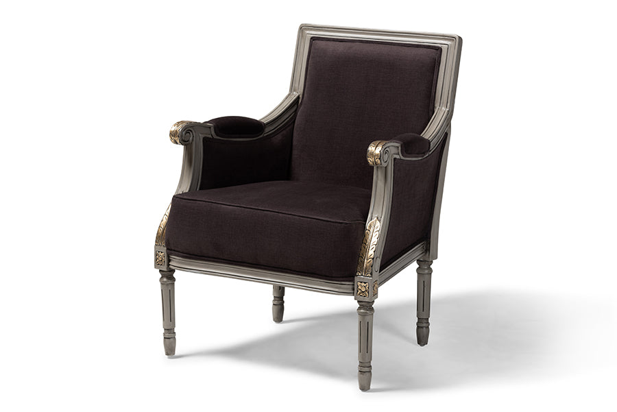 baxton studio georgette classic and traditional french inspired brown velvet upholstered grey finished armchair with goldleaf detailing | Modish Furniture Store-2