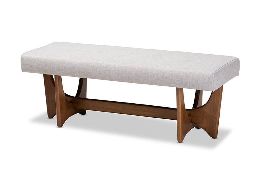 baxton studio theo mid century modern greyish beige fabric upholstered walnut finished bench | Modish Furniture Store-2