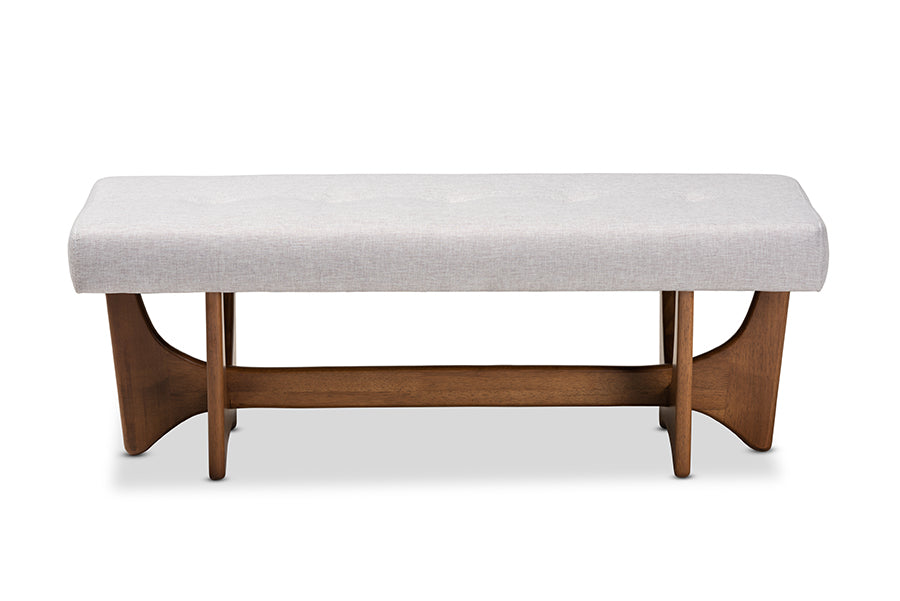 baxton studio theo mid century modern greyish beige fabric upholstered walnut finished bench | Modish Furniture Store-3