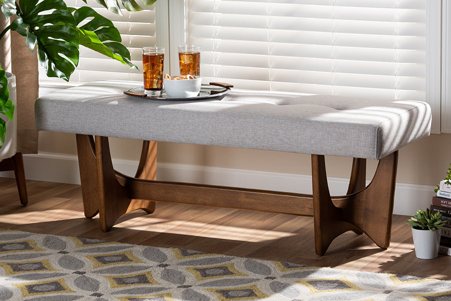 Baxton Studio Theo Mid-Century Modern Greyish Beige Fabric Upholstered Walnut Finished Bench | Modishstore | Stools & Benches