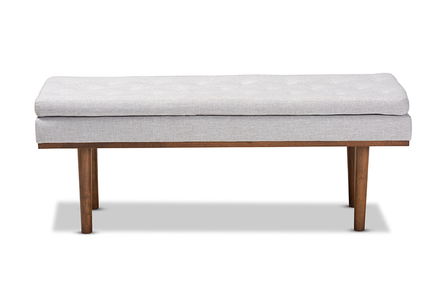 baxton studio arne mid century modern greyish beige fabric upholstered walnut finished bench | Modish Furniture Store-3