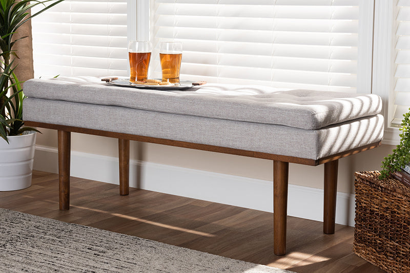 Baxton Studio Arne Mid-Century Modern Greyish Beige Fabric Upholstered Walnut Finished Bench | Modishstore | Benches