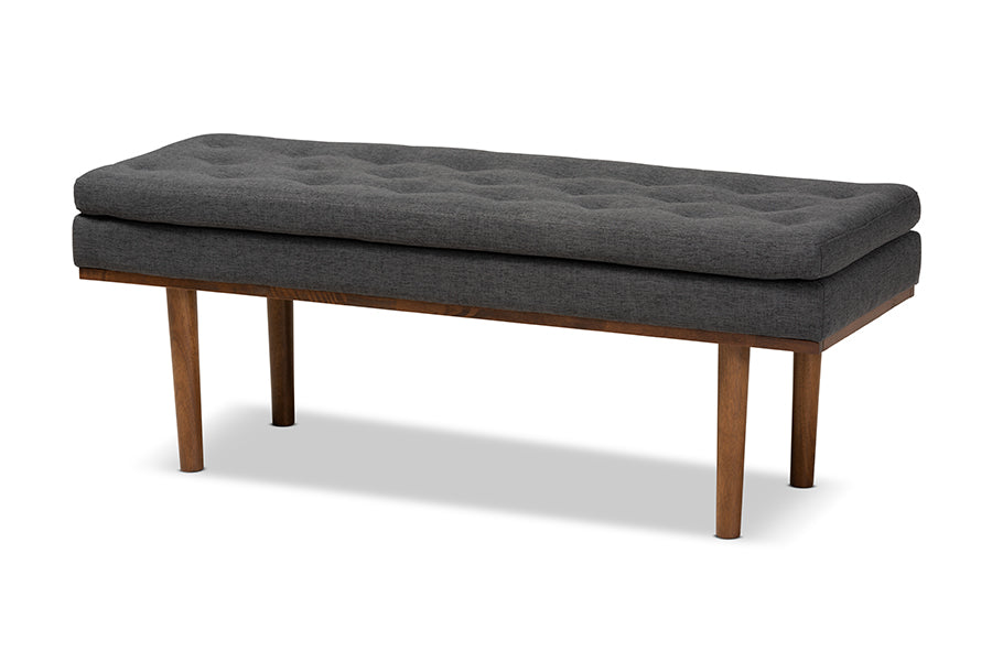 baxton studio arne mid century modern dark grey fabric upholstered walnut finished bench | Modish Furniture Store-2