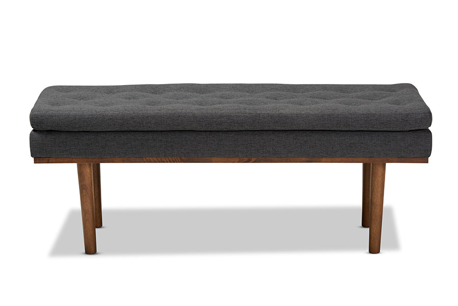 baxton studio arne mid century modern dark grey fabric upholstered walnut finished bench | Modish Furniture Store-3