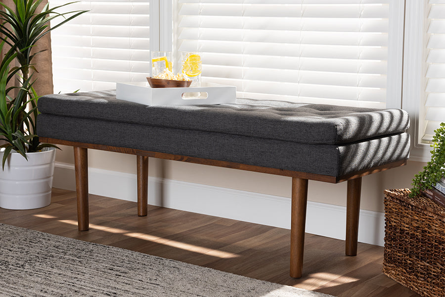 Baxton Studio Arne Mid-Century Modern Dark Grey Fabric Upholstered Walnut Finished Bench | Modishstore | Stools & Benches