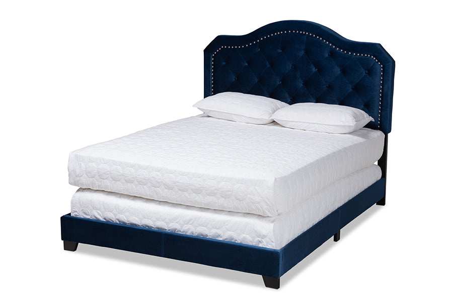 baxton studio samantha modern and contemporary navy blue velvet fabric upholstered full size button tufted bed | Modish Furniture Store-2