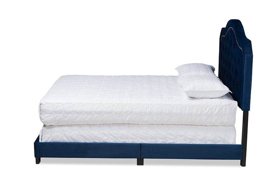 baxton studio samantha modern and contemporary navy blue velvet fabric upholstered queen size button tufted bed | Modish Furniture Store-3