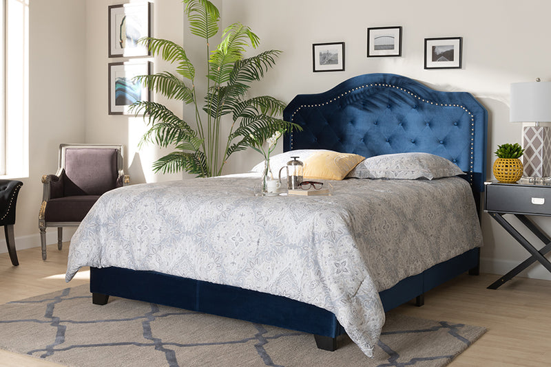 Baxton Studio Samantha Modern and Contemporary Navy Blue Velvet Fabric Upholstered Queen Size Button Tufted Bed | Modishstore | Beds