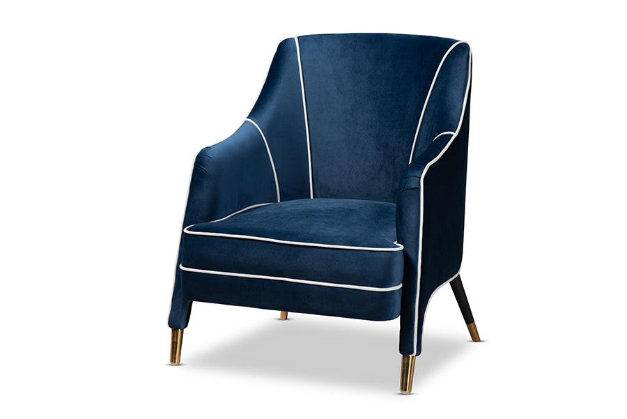 baxton studio ainslie glam and luxe navy blue velvet fabric upholstered gold finished armchair | Modish Furniture Store-2
