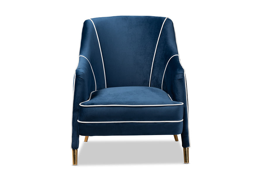 baxton studio ainslie glam and luxe navy blue velvet fabric upholstered gold finished armchair | Modish Furniture Store-3