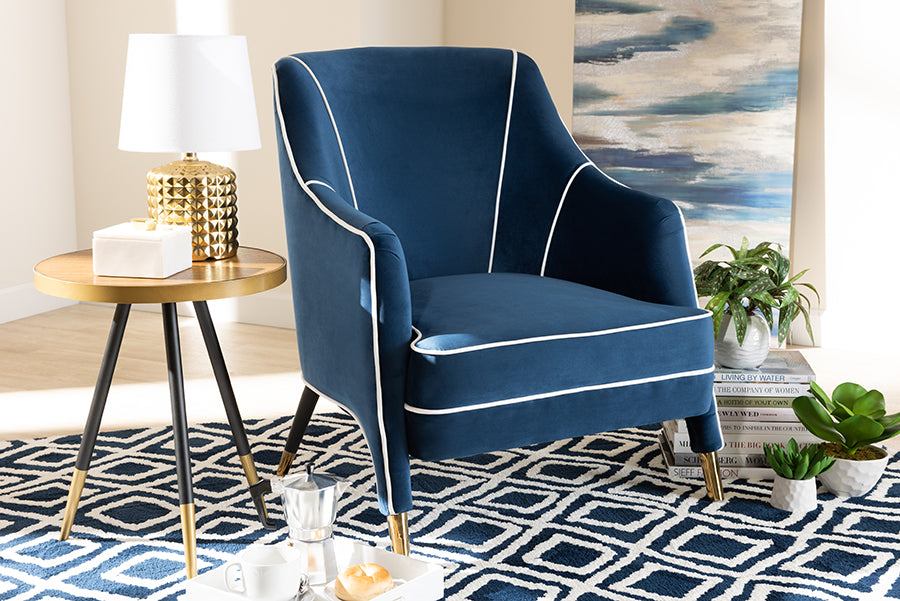 Baxton Studio Ainslie Glam and Luxe Navy Blue Velvet Fabric Upholstered Gold Finished Armchair | Modishstore | Armchairs