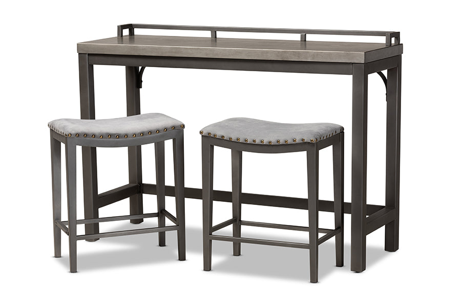 baxton studio noll modern and contemporary grey fabric upholstered 3 piece multipurpose metal counter table set | Modish Furniture Store-2
