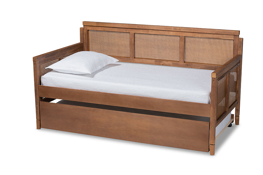 baxton studio toveli vintage french inspired ash wanut finished wood and synthetic rattan daybed with trundle | Modish Furniture Store-2