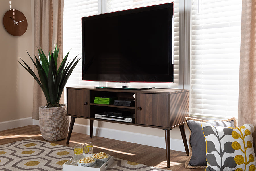 Baxton Studio Alard Mid-Century Modern Walnut Brown Finished 2-Door Wood TV Stand | Modishstore | TV Stands