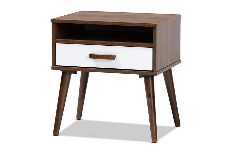 baxton studio quinn mid century modern two tone white and walnut finished 1 drawer wood end table | Modish Furniture Store-2